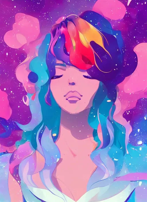 Prompt: a beautiful woman with rainbow hair floating in space. her hair becomes a nebula. clean cel shaded vector art. shutterstock. behance hd by lois van baarle, artgerm, helen huang, by makoto shinkai and ilya kuvshinov, rossdraws, illustration, art by ilya kuvshinov