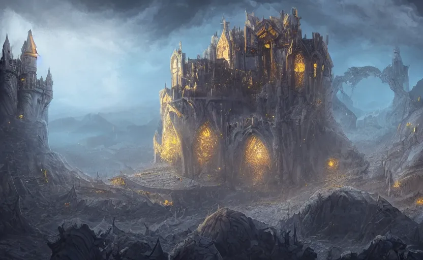 Image similar to an arcane fortress, magical and powerful, stone brick, laced with gold, landscape art, mindblowing, concept art, matte, illustration, ominous, magical, dnd, 4 k uhd, very detailed