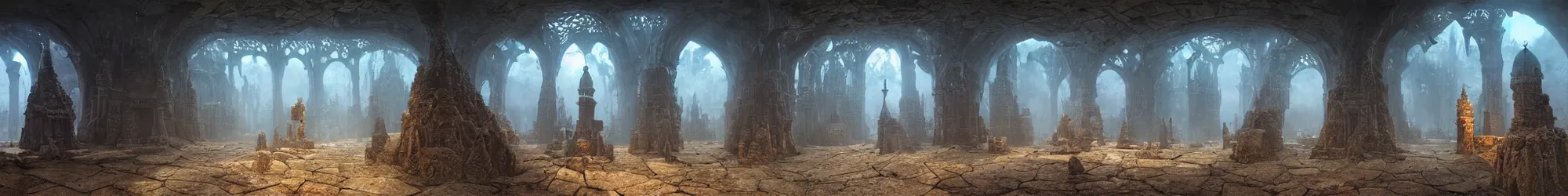 Image similar to 360 photo of fantasy dungeon with hidden monsters behind the pilars, Les Edwards, Zdzislaw Beksinski, Carl Gustav Carus, John Harris, Michal Karcz, Zhang Kechun, Mikko Lagerstedt, Scott Listfield, Steven Outram, Jessica Rossier.