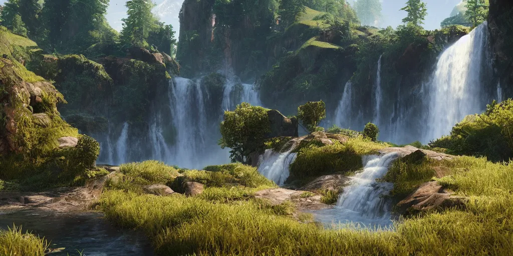 Image similar to stunning landscape, waterfall, 8 k uhd, unreal engine, octane render in the artstyle of kuindzhi