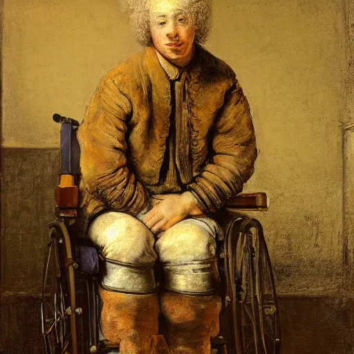 Prompt: a blonde young man sitting in a wheelchair pondering about life, portrait in the style of rembrandt, rembrandt exhibition, 4 k high definition, masterpiece