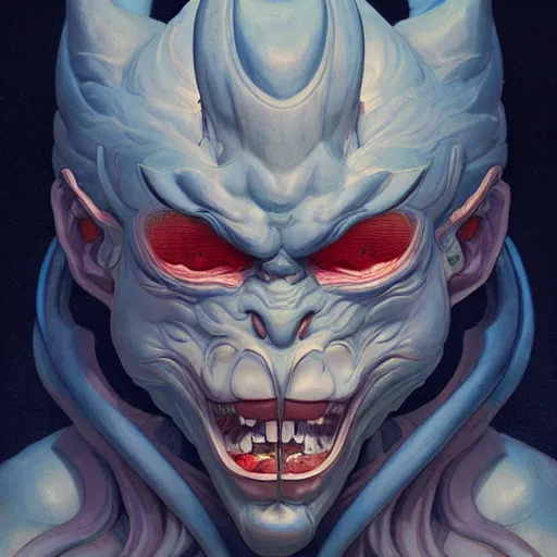 Image similar to prompt : oni mask character portrait soft light painted by james jean and katsuhiro otomo and erik jones, inspired by evangeleon anime, smooth face feature, intricate oil painting, high detail illustration, sharp high detail, manga and anime 1 9 9 9