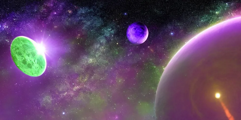 Image similar to a golden spaceship orbits a ringed purple planet, a luscious green moon is contrasted against a magnificent sky full of galaxies