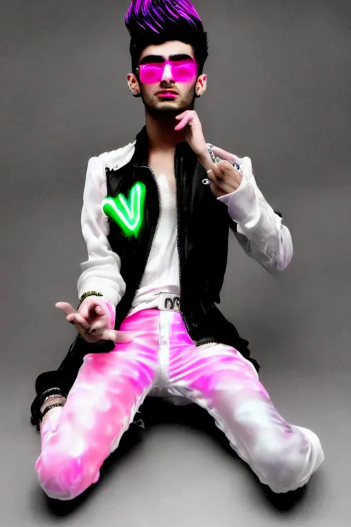 Prompt: full-body rococo and cyberpunk style neon statue of a young attractive Zayn Malik wearing cholo shades macho dotado e rico android sim roupa reclining con las piernas abertas e la piroca dura, ethereal white dripping tar, glowing white lasers, pink tigers, glowing eyes, silver prince crown, black gears, pink diamonds, swirling mint-colored silk fabric. futuristic elements. full-length view. human skulls. large intricate artwork by caravaggio. Trending on artstation, octane render, cinematic lighting from the right, hyper realism, octane render, 8k, depth of field, 3D