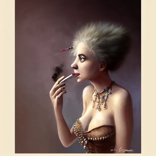 Prompt: a portrait of a hyena lady wearing a dress, smoking a cigarette, gorgeous, intricate, elegant, volumetric lighting, scenery, high detail digital art, smooth, tony sart, randy vargas, rembrandt, sharp focus, illustration, concept art