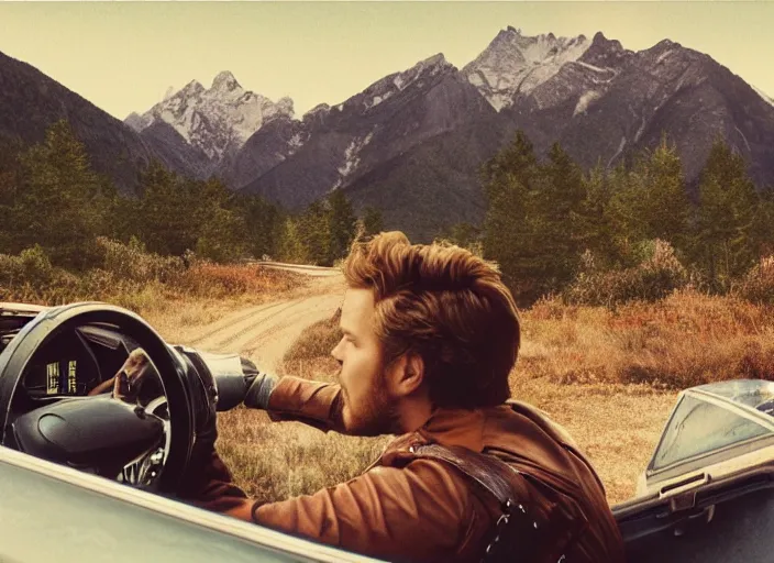 Image similar to a very high resolution image from a new movie, starlord. driving around. inside of a car. mountains, polaroid, directed by wes anderson