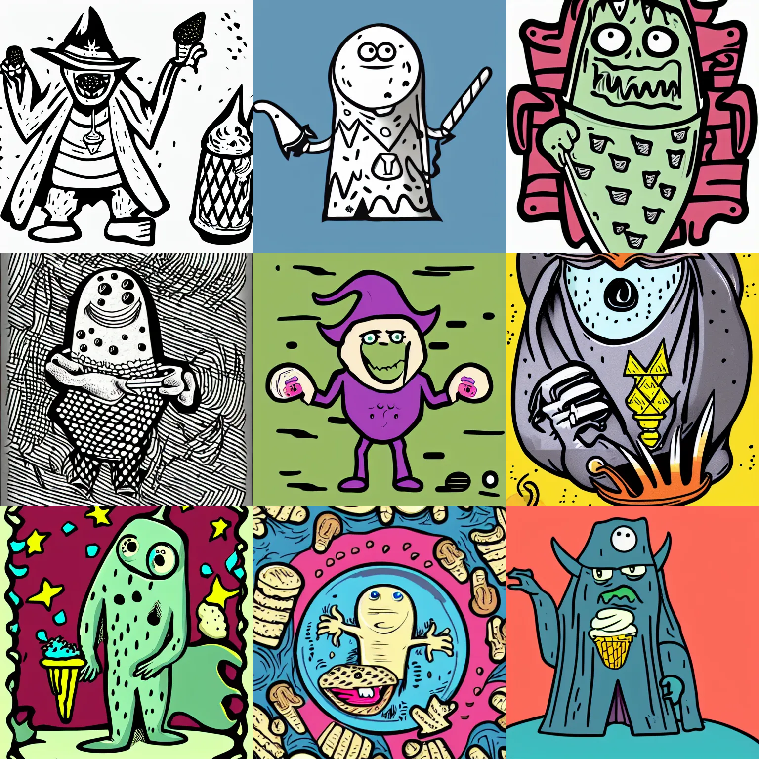 Prompt: weird wizard 🍦 monster in a hand-drawn vector, svg, cult-classic-comic-style