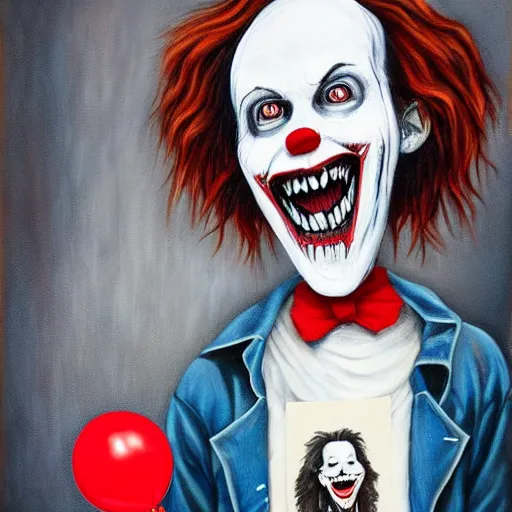 Image similar to grunge painting of david dobrik with a wide smile and a red balloon by chris leib, loony toons style, pennywise style, corpse bride style, horror theme, detailed, elegant, intricate