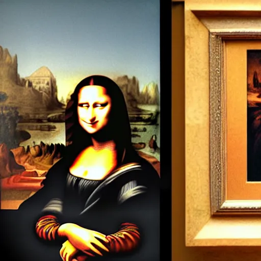 Image similar to drunk monkey drawing on mona lisa with crayons in the louvre, [ photoreal ]