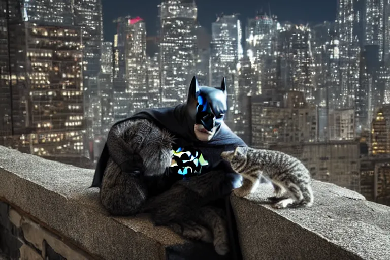 Image similar to Batman petting his Pallas cat on a rooftop, by Emmanuel Lubezki