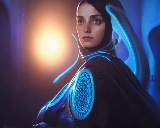 Image similar to photography of alia atreides of the knife, completely blue glowing eyes, deep focus, dune, science fiction, intricate, elegant, highly detailed, digital painting, artstation, concept art, matte, sharp focus, illustration, hearthstone, art by artgerm and greg rutkowski and alphonse mucha