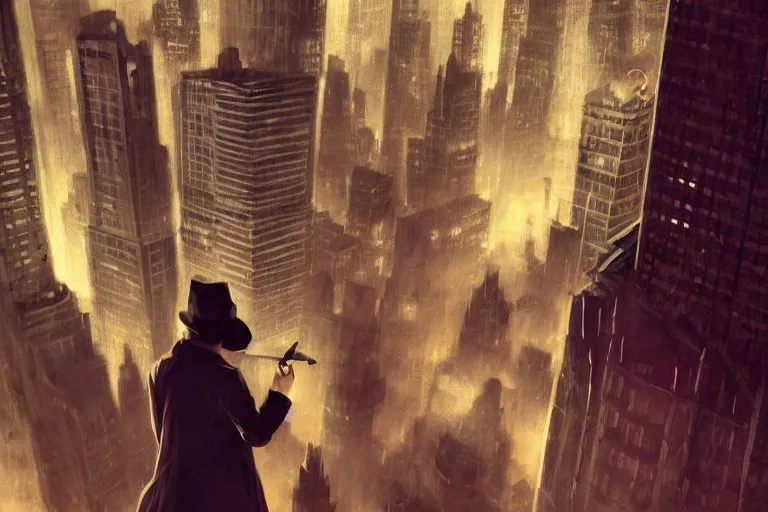 Image similar to stunningly mysterious, detective wearing a trench coat in profile smoking a glowing tobacco pipe on a perch facing the city at night, smooth, focus, highly detailed, hyper realistic, dramatic lighting, intricate, concept art, new york skyline, looking down, art by wlop, greg rutowski, artstation