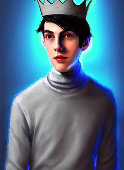 Image similar to portrait of teenage jughead jones wearing a light grey crown, crown, blue turtleneck, 1 9 5 0 s, closed eyes, photorealistic, black hair, glowing lighting, intricate, elegant, glowing lights, highly detailed, digital painting, artstation, concept art, smooth, sharp focus, illustration, art by wlop, mars ravelo and greg rutkowski