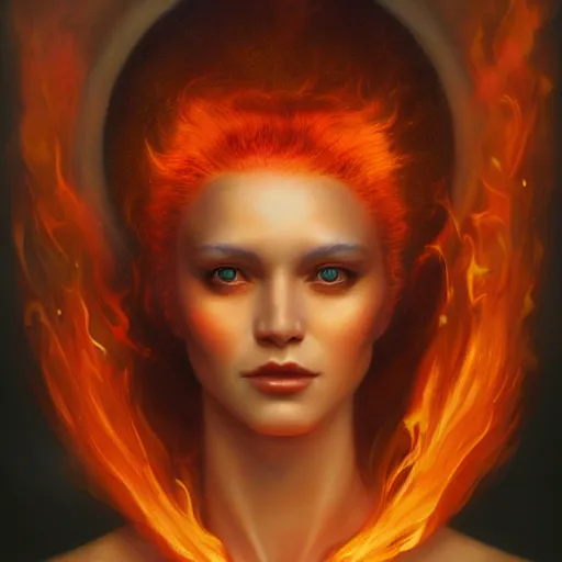 Prompt: a beautiful portrait of a flame goddess by Jim Burns and Tom Bagshaw, Trending on Artstation, Flaming Background