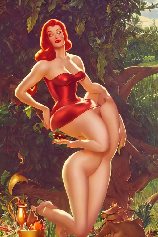 Prompt: Jessica Rabbit under the tree of knowledge, golden hour, in the garden of Eden, spraying milk, artstation, by J. C. Leyendecker and Peter Paul Rubens,