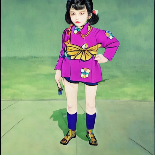 Image similar to little girl wearing an gucci's outfit. art made by hirohiko araki, inspired by balthus, highly detailed, realistic,