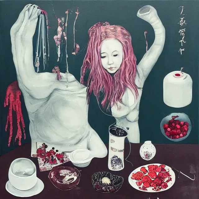 Image similar to “ a portrait in a female art student ’ s apartment, sensual, a pig theme, art supplies, surgical iv bag, octopus, ikebana, herbs, a candle dripping white wax, japanese pottery, squashed berries, berry juice drips, acrylic and spray paint and oilstick on canvas, surrealism, neoexpressionism ”