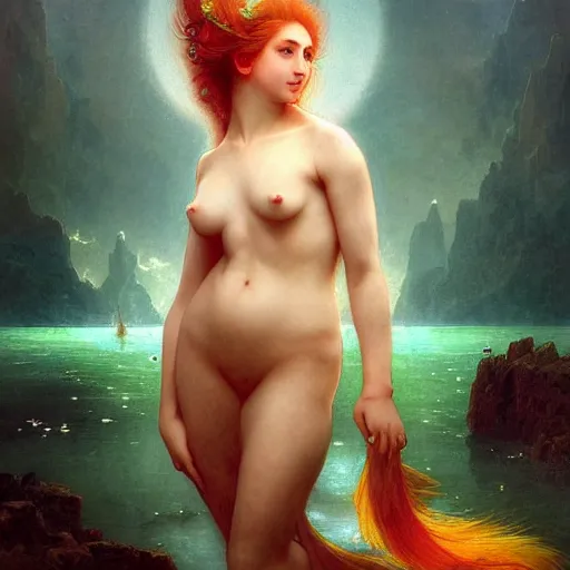 Image similar to a beautiful stunning interesting detailed fantasy whimsical matte digital portrait illustration of a mermaid with blue-green hair, yellow-orange and red-violet spectacular sunset, in the style of William Adolphe-Bouguereau and Marc Simonetti, magic the gathering, trending on artstation hq, contest winner