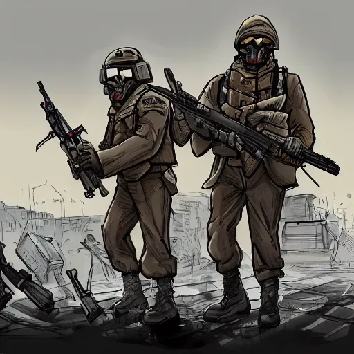 Image similar to gone with the blastwave comic scene, two soldiers in winter army gear, trench coats, gask masks, helmets with a red stripe, one soilder with sniper rifle, one soldier with flame thrower, destroyed post apocalyptic war - torn city, digital art, artstation