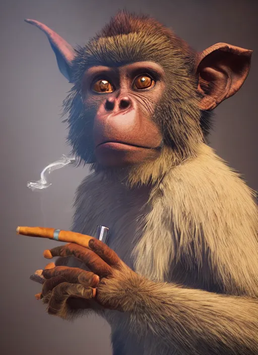 Image similar to pathfinder 2 e illustration of furry monkey goblin smoking a cigar, unreal engine, hyper realism, realistic shading, cinematic composition, realistic render, octane render, detailed textures, photorealistic, wide shot