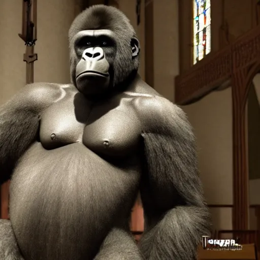 Prompt: big gorilla man terroizing church, 8k cinematic lighting, very sharp detail, anatomically correct