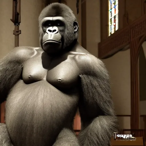 Image similar to big gorilla man terroizing church, 8k cinematic lighting, very sharp detail, anatomically correct