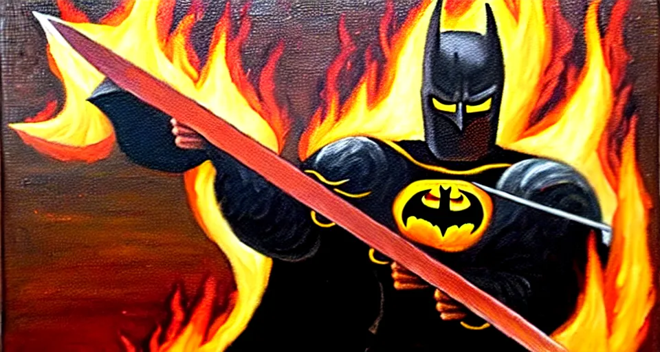 Image similar to An oil painting of a dark knight wielding a flaming sword