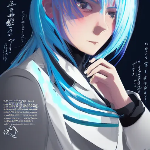 Image similar to side profile of rimuru tempest with sky blue hair, ponytail, gold eyes, black jacket with white stripes and a high collar | highly detailed, roman city | professional digital art, concept art, award - winning photography, cinematic, wlop | art by pixiv art, ilya kuvshinov, greg rutkowski, yoshitaka amano