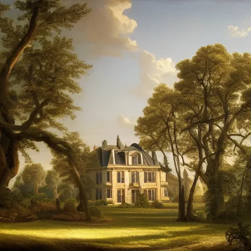 Prompt: a large serene beautiful matte painting of a delapitaded quaint french country mansion covered in a state of disrepair in vines, by asher brown durand and george ault featured on artstation