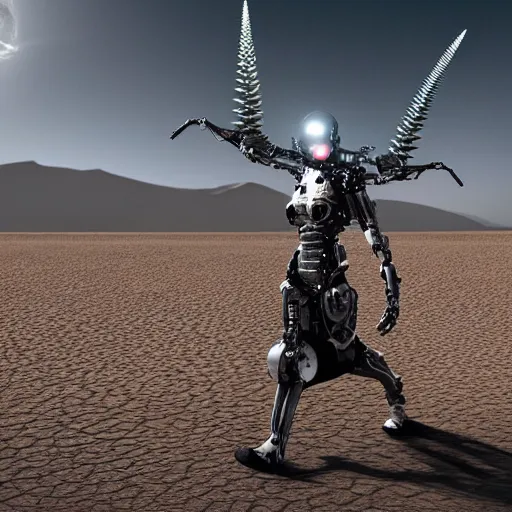 Image similar to a scary cyborg with long spikes walking in the desert, photorealistic, symmetrical 4k