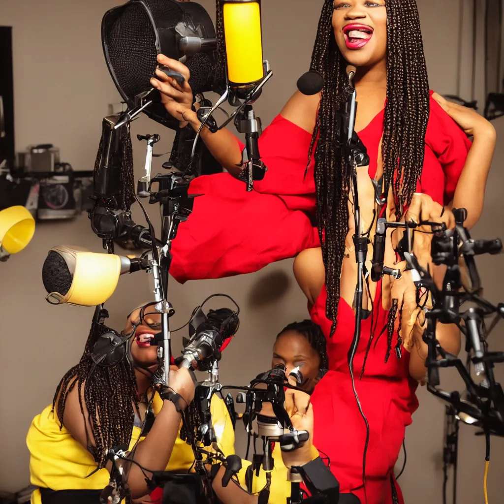 Prompt: a light-skinned black woman wearing cornrows sings into a microphone in a studio. She is wearing a red dress, sitting on a stool, and 4 or 5 yellow lamps are hanging around her. In the style of Bijou Karman