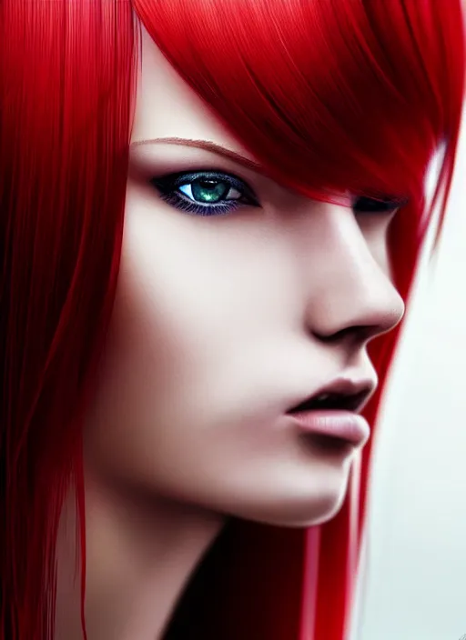 Image similar to photo of gorgeous woman with her right side hair dyed red and left side hair white in the style of stefan kostic, realistic, half body shot, sharp focus, 8 k high definition, insanely detailed, intricate, elegant, art by stanley lau and artgerm, foggy backgeound