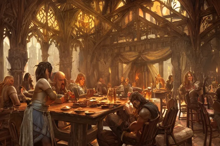 Image similar to ultra realistic illustration, medieval tavern interior from warcraft and d & d, intricate, elegant, highly detailed, digital painting, artstation, concept art, smooth, sharp focus, illustration, art by artgerm and greg rutkowski and alphonse mucha