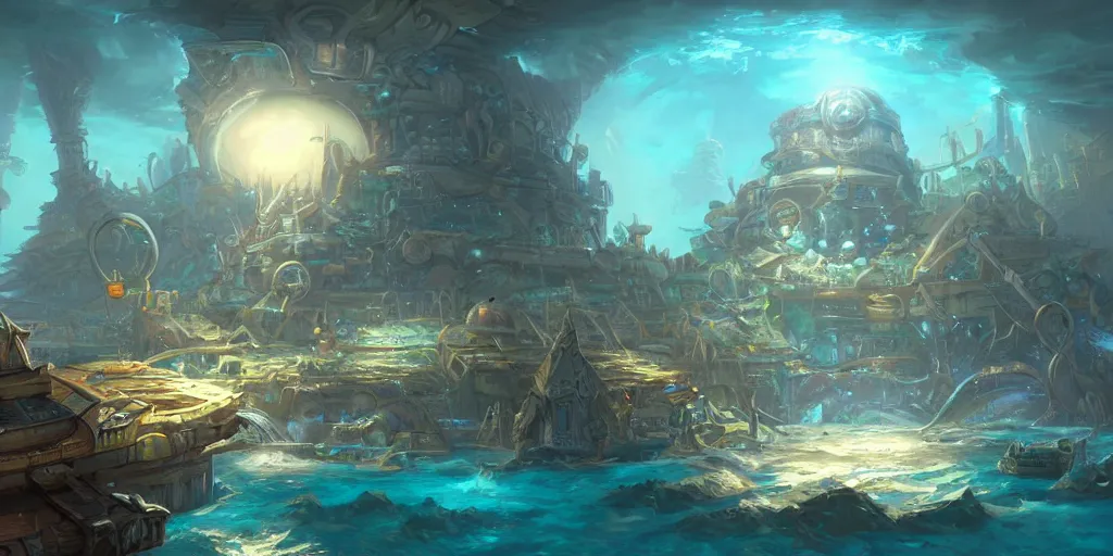 Prompt: a concept art of an underwater civilization by tyler edlin, trending on artstation, highly detailed, atmospheric, directional lighting, cinematic