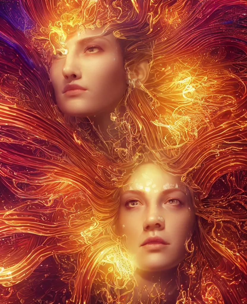 Image similar to close-up macro portrait of the face of a beautiful princess, epic angle and pose, symmetrical artwork, 3d with depth of field, blurred background, cybernetic jellyfish female face skull phoenix bird, translucent, nautilus, energy flows of water and fire. a highly detailed epic cinematic concept art CG render. made in Maya, Blender and Photoshop, octane render, excellent composition, cinematic dystopian brutalist atmosphere, dynamic dramatic cinematic lighting, aesthetic, very inspirational, arthouse. y Greg Rutkowski, Ilya Kuvshinov, WLOP, Stanley Artgerm Lau, Ruan Jia and Fenghua Zhong