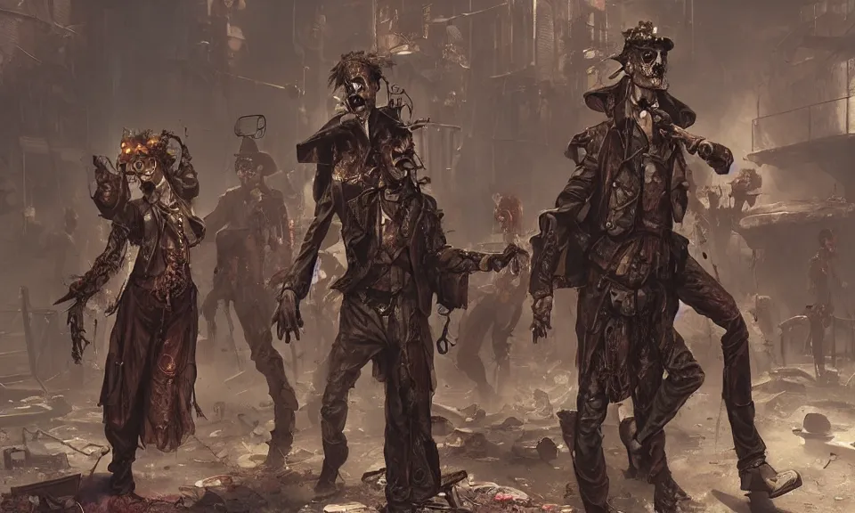 Prompt: Several Steampunk zombies at the steampunk cinema theater Greg Rutkowski, ArtStation, zenith view, CGSociety, ultra realistic, ray tracing, 3d render, HDR, Unreal Engine