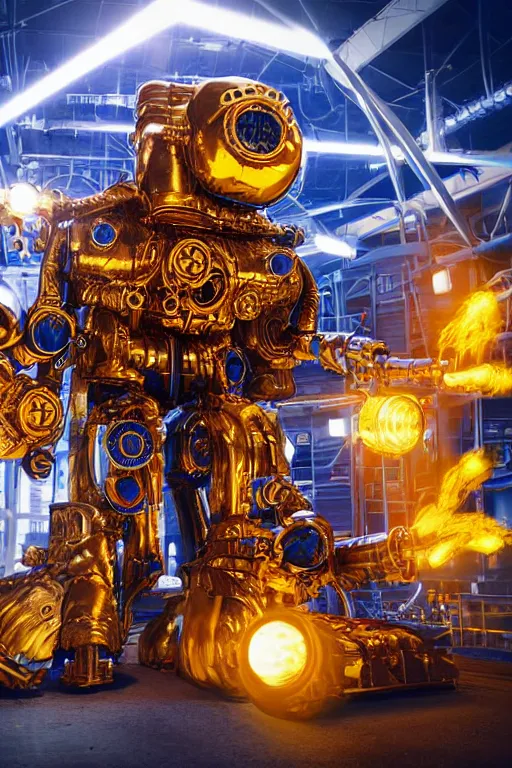 Prompt: portrait photo of a giant huge golden and blue metal humanoid steampunk robot with a huge foammachine shooting foam, with gears and tubes, eyes are glowing red lightbulbs, shiny crisp finish, 3 d render, 8 k, insaneley detailed, fluorescent colors, background is multicolored lasershow