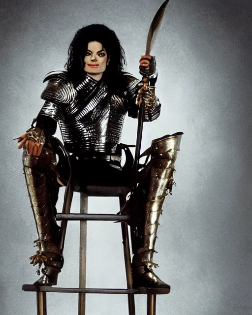 Image similar to michael jackson as king conan, directed by john millius, photorealistic, sitting on a metal throne, wearing ancient cimmerian armor, a battle axe to his side, he has a beard and graying hair, cinematic photoshoot in the style of annie leibovitz, studio lighting