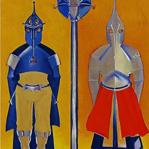 Image similar to a painting of shining metal medieval armors by nicholas roerich, by frank frazetta, by amazon, by georgia o keeffe, reflective metallic