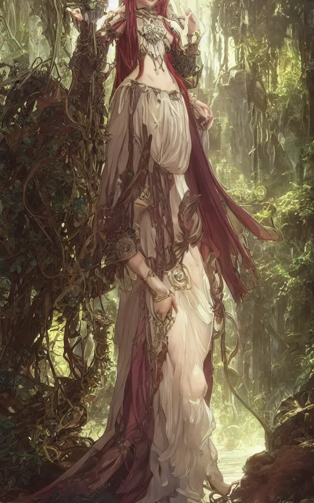 Image similar to anime key visual of amora the enchantress wearing a medieval gown!! intricate, magical forest, stunning, highly detailed, digital painting, artstation, smooth, hard focus, illustration, art by artgerm and greg rutkowski and alphonse mucha