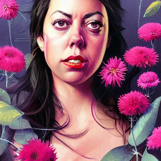 Prompt: painting of aubrey plaza dressed with flowers, illustration, artistic, colorful, hyper detailed, in the style of greg rutkowski