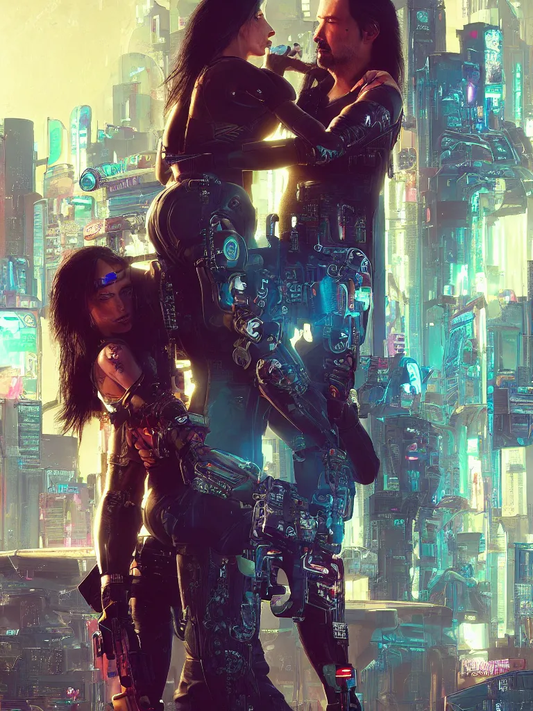 Image similar to a cyberpunk 2077 srcreenshot couple portrait of Keanu Reeves and a female android final kissed in night city,love,film lighting,by Lawrence Alma-Tadema,Andrei Riabovitchev,Laurie Greasley,Dan Mumford,John Wick,Speed,Replicas,artstation,deviantart,FAN ART,full of color,Digital painting,face enhance,highly detailed,8K,octane,golden ratio,cinematic lighting