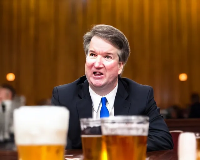 Image similar to photo of brett kavanaugh staring longingly at beer, 5 0 mm f / 2. 8, dramatic, color photo, emotional