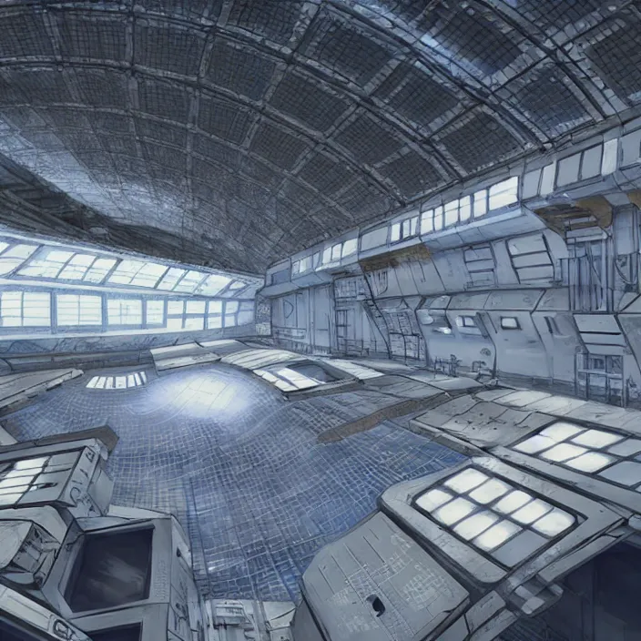 Prompt: A room inside a large hangar of the space station by Jose Daniel Cabrera Pena and Leonid Kozienko, concept art