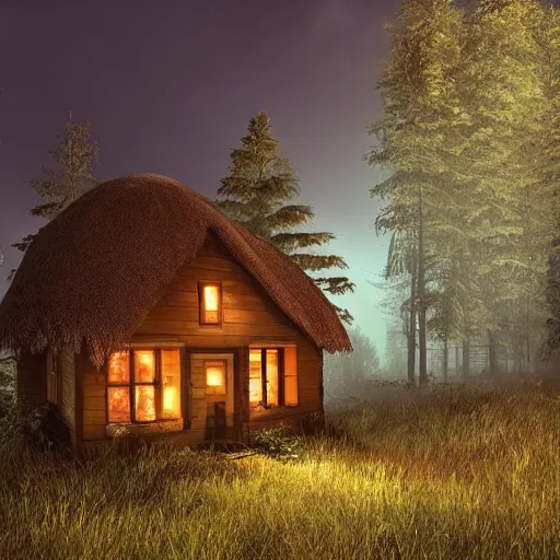 Prompt: an abandoned cottage in the middle of the forest at night, 8k, photorealistic, very detailed, cinematic, point perspective, UHD