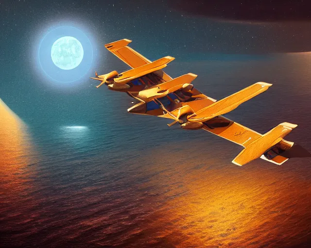 Image similar to a seaplane flying to the moon, intricate, highly detailed, soft illumination, digital painting, artstation, concept art, smooth, sharp focus, illustration, cinematic, vfx, 4 k