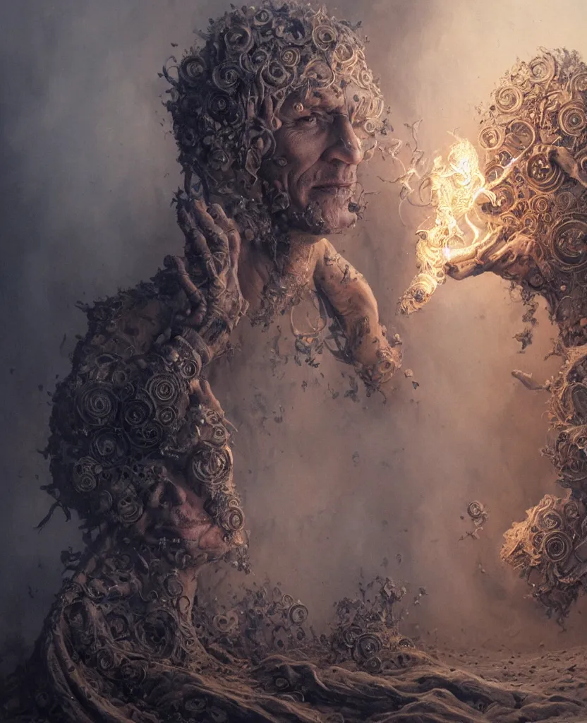 Prompt: the sandman, very detailed, 8k, maximized, ornate, masterpiece, complex, by Greg rutkowski, Alex Gray, surrounded by smoke