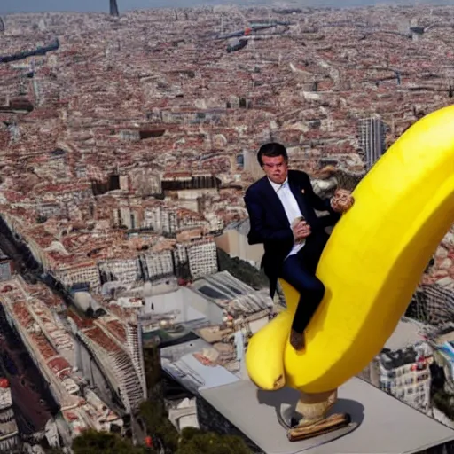 Image similar to Manuel Valls riding a giant banana over barcelona