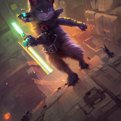 Image similar to cute and fluffy ninja cyberpunk cat fighting with a laser sword, full body, artstation, highly detailed, colorfull, digital painting, deep focus, sharp, smooth, rossdraws, by jason felix by steve argyle by tyler jacobson by peter mohrbacher, cinematic lighting, smooth, sharp focus, hd wallpaper, cinematic