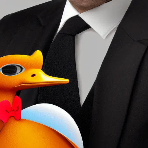 Image similar to a high detail photo of an antropomorphic duck wearing a suit, trending on artstation